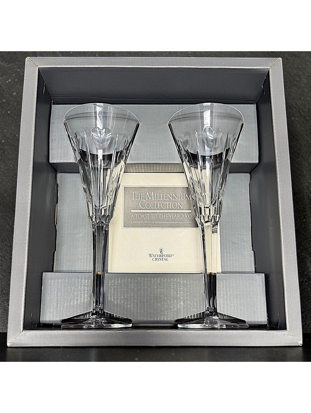Waterford Millennium Love Champagne Flutes Pair New in Box Crystal 9.25"